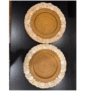 Pottery Barn set (2) Sea Shell rimmed 15” rattan chargers Beach Handwoven